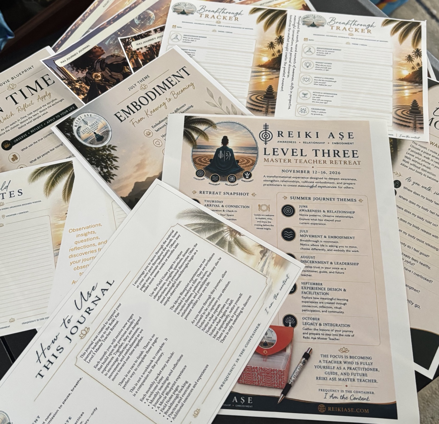 Printed Reiki Ase Level Three living journal pages, including the retreat overview and reflection exercises